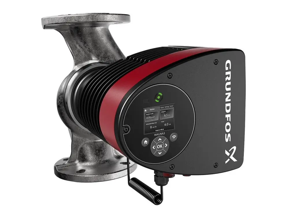 Umwälzpumpe von Grundfos mit digitalem Display und Anschlussleitung, in kompaktem Design zur effizienten Zirkulation von Heizungswasser.